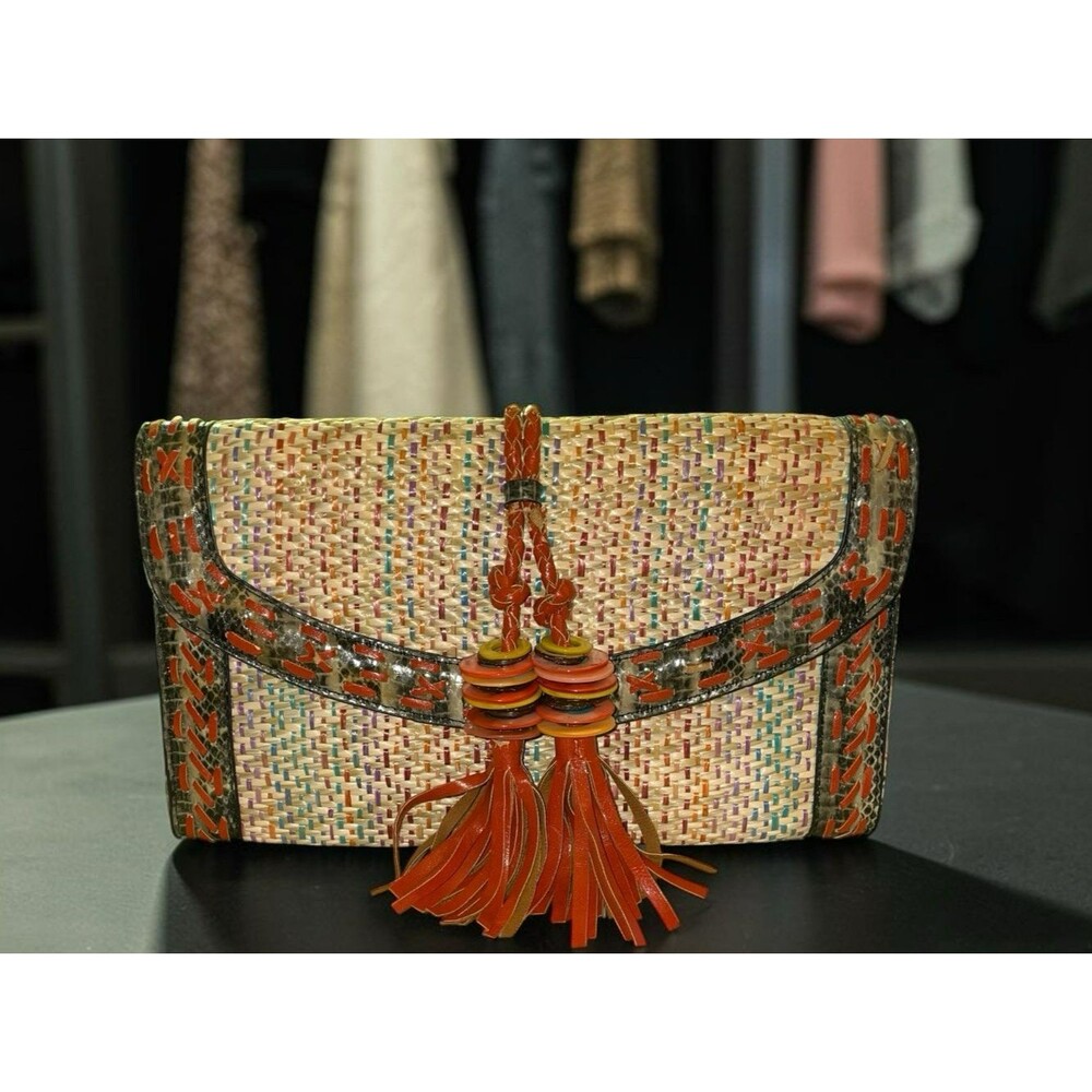 Sondra Roberts Red Woven Snake Leather Envelope Clutch Shoulder Bag Tassel